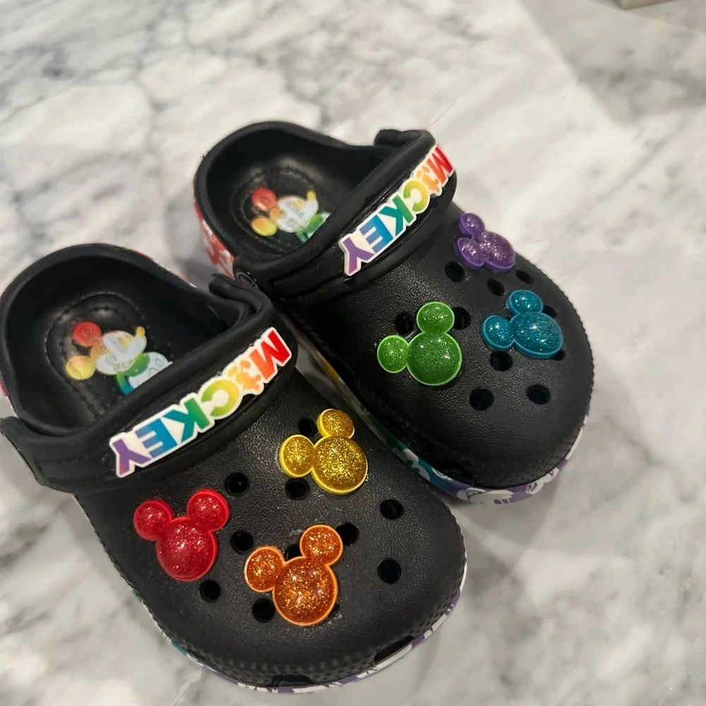CROCS Black and Red Water Shoes with Mickey Mouse Charms